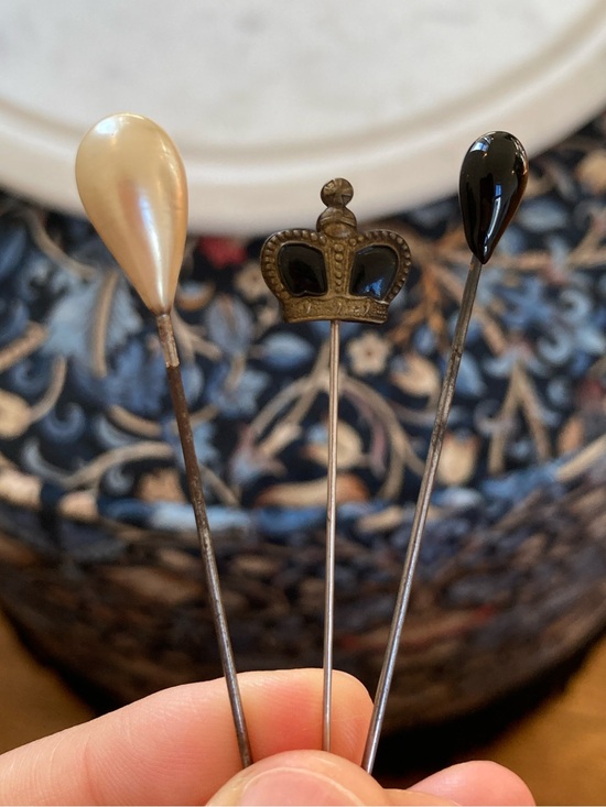 Antique Jewelry - Antique Black Enamel Crown, Black Glass & Glass/Faux Pearl Hat Pins